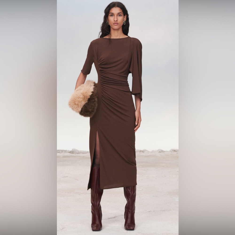 Zara Limited Edition Draped Midi Elegant Brown Dress